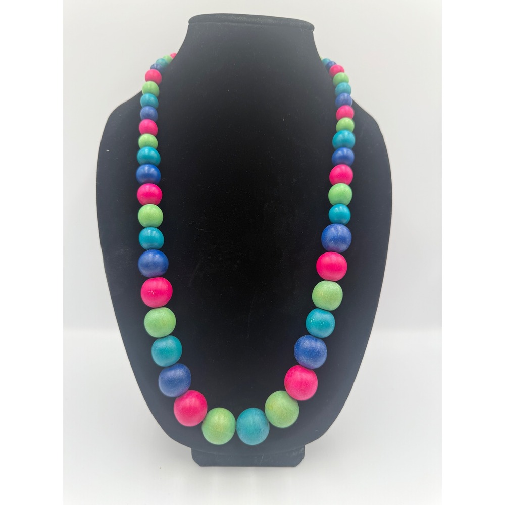 Vintage Colorful Wooden Bead Necklace Chunky Boho Multi Color‎ Strand Statement